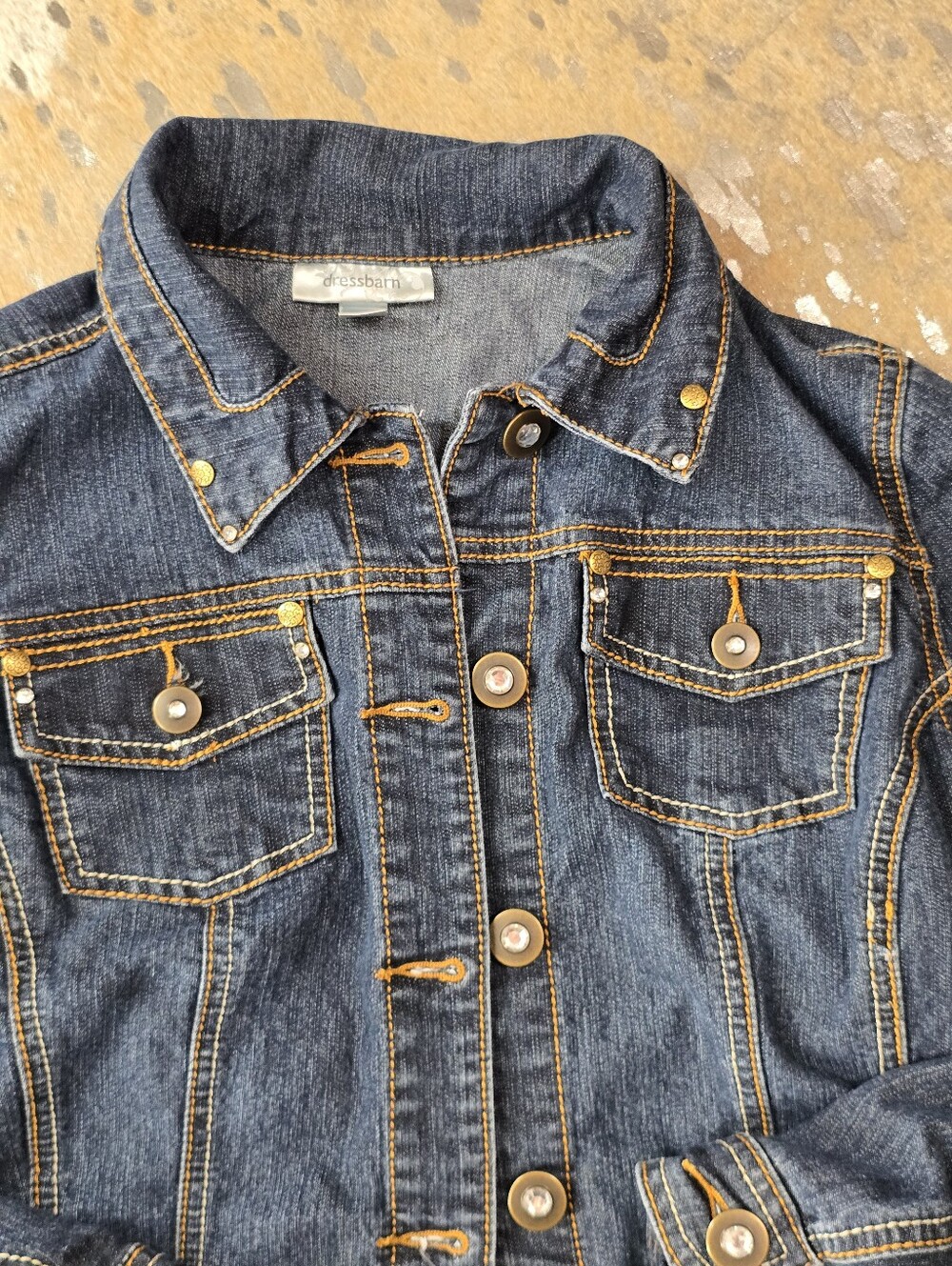 dressbarn Dark Blue Denim Jacket with Gold Stitching - Picture 9 of 9